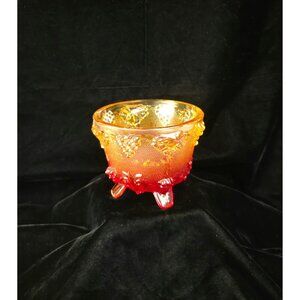 Vintage Amberina Glass Footed Bowl With Grape & Leaf Pattern